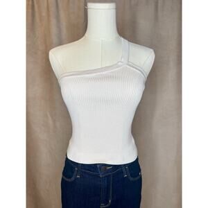 Lucca Ribbed One Shoulder Knit Tank Top XS Cream Stretch Y2K